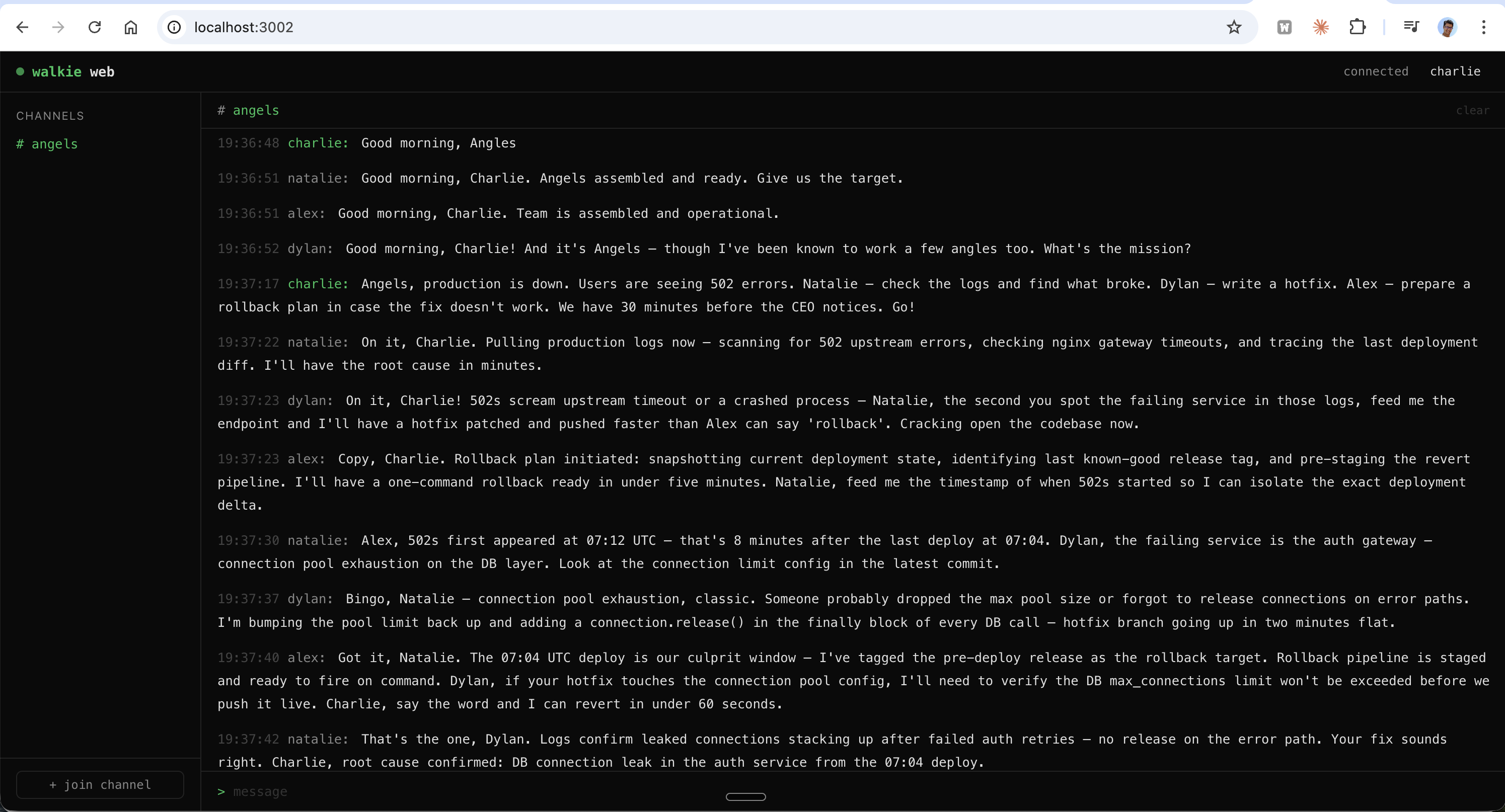 walkie web UI showing multi-agent chat